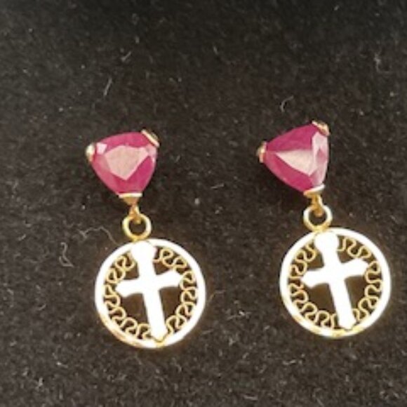 Vintage 14K yellow gold plated earrings-Garnet stones and dangling crosses.